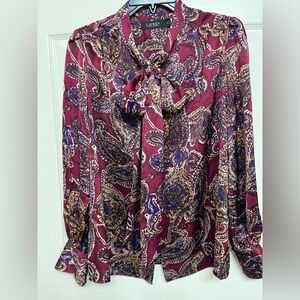Lauren Ralph Burgundy and Blue Paisley Long Sleeve Blouse ,size  S , New .
